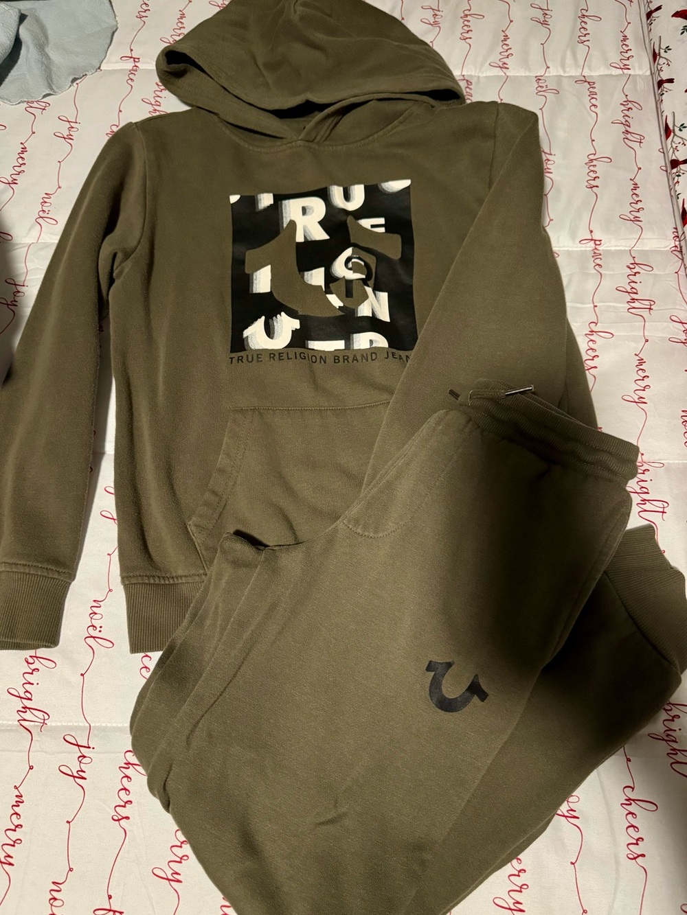 True Religion Olive Hoodie and Jogger Set with Logo Panel